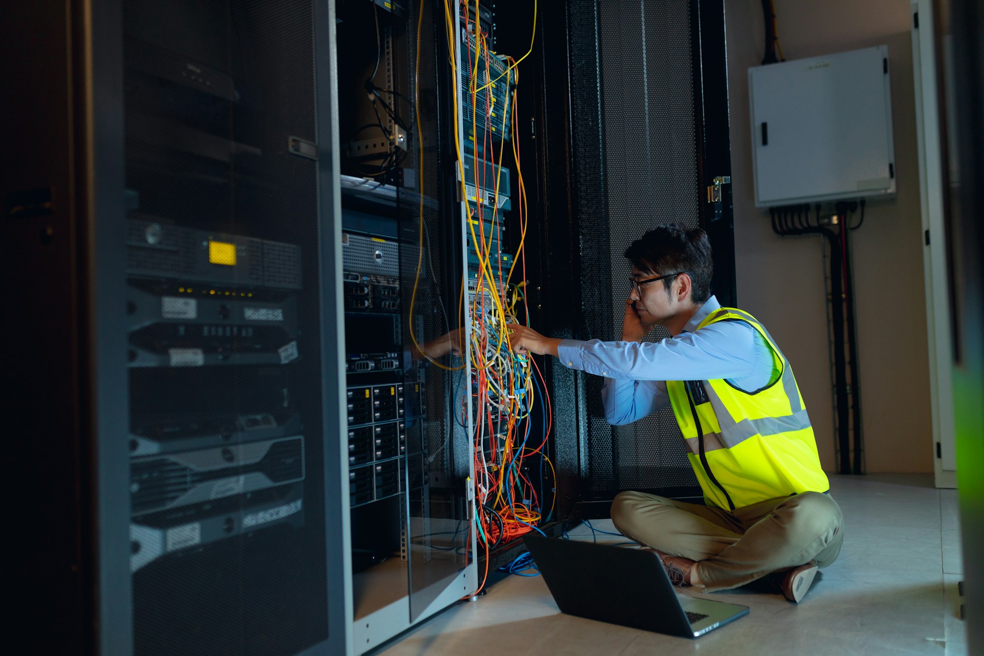 Asian male engineer with laptop talking on smartphone while inspecting in computer server room